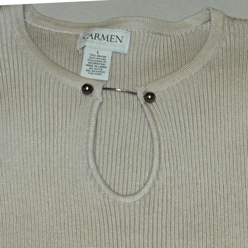 Carmen Marc Valvo Knit Mini Dress Ribbed Keyhole Short Sleeve Beige Casual‎